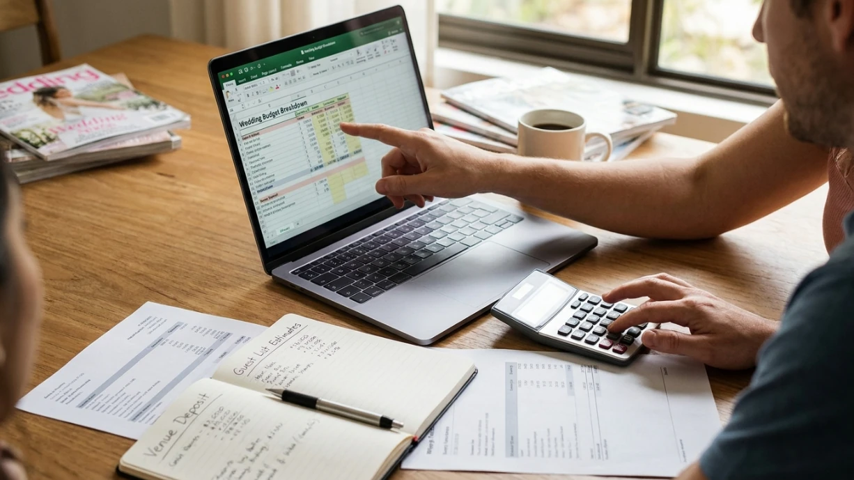 Couple reviewing a wedding budget spreadsheet and expenses on a laptop